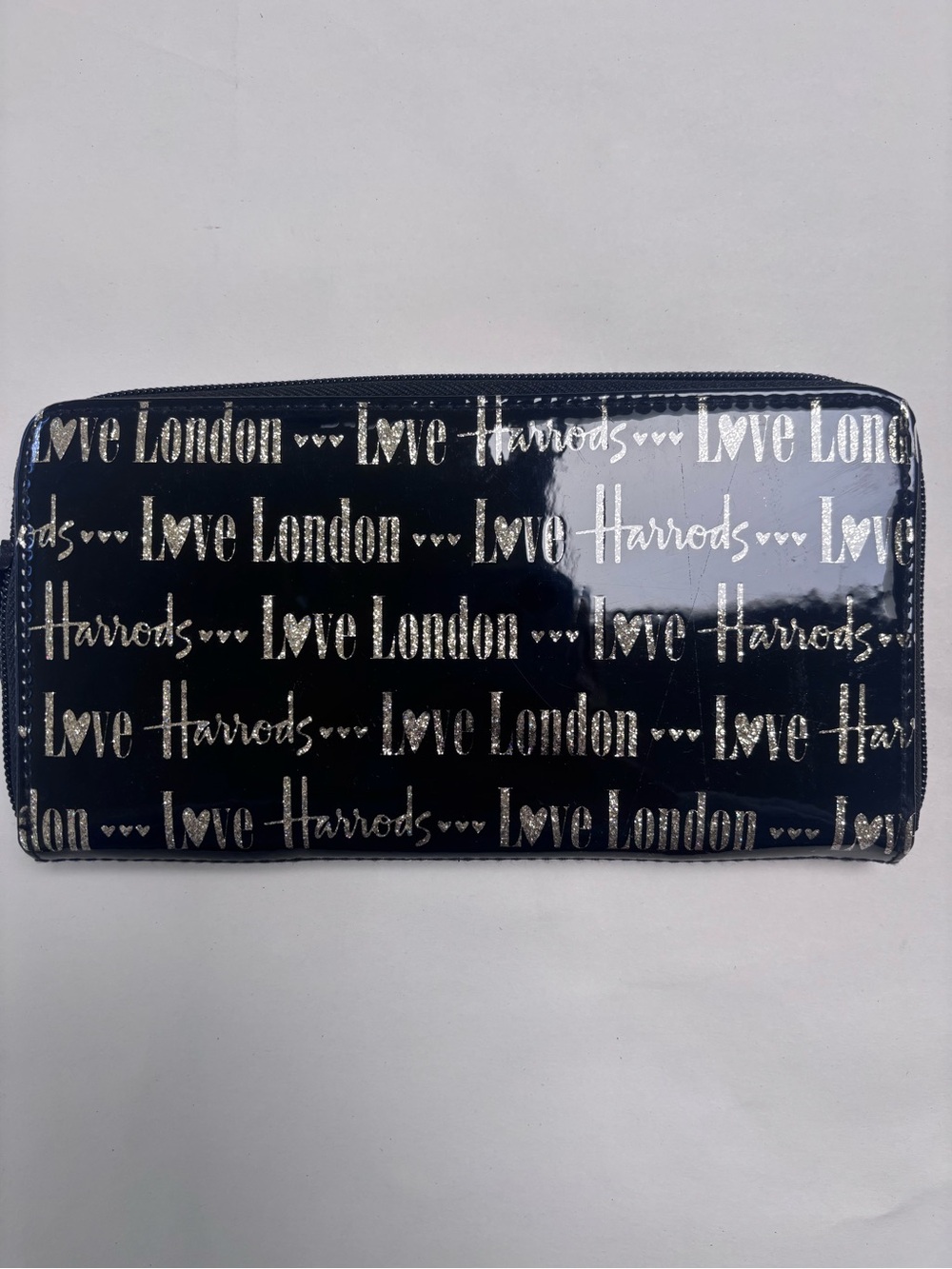 Harrods Black Patent Wallet with Gold glitter text